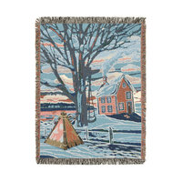 Snowy Winter Woven Cotton Blanket, Country Farmhouse Landscape