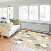 Neutral Geometric Area Rug – Leaf Design Hexagon Pattern staged in a Scandi-style apartment living room.