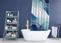 Abstract Blue Marble Shower Curtain in a navy bathroom