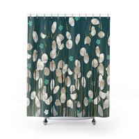 Shower curtain with abstract design of money plants in beige, off-white, brown, black and gold with aquamarine flowers on a deep teal background.
