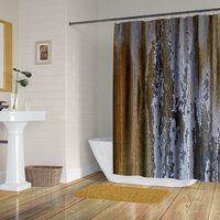 Unusual industrial shower curtain in modern bathroom