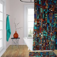 Turquoise, orange, brown and black stained glass color block design shower curtain set