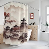 Japanese Shower Curtain, Traditional Watercolor Landscape