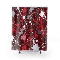 Shower curtain with a colorful maximalist abstract artsy design in red, gray pink and white paint spatter on a burgundy background for a funky masculine bathroom décor.