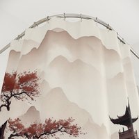 Japanese Shower Curtain, Traditional Watercolor Landscape top view