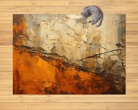 Abstract Industrial Rug – Flaking, Cracked Paint Texture staged on a wood floor with a cat curled up in the corner.