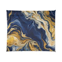 Navy Blue and Gold Abstract Fluid Art king comforter