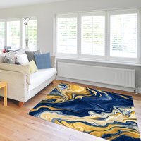 Bold Abstract Fluid Art Statement Rug – Swirling Navy, Gold & Cream Marble 