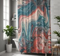 Blue and Coral Pink Abstract Art Shower Curtain
