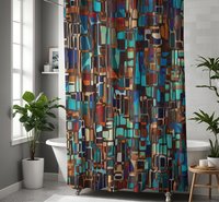 Turquoise, orange, brown and black stained glass color block design shower curtain