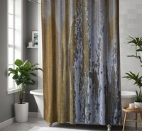 Unusual industrial shower curtain in gray, brown and gold with blue flaking paint on corrugated iron.