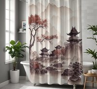 Japanese Shower Curtain, Traditional Watercolor Landscape