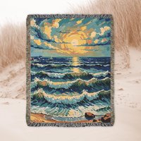 Tropical beach sunset woven blanket