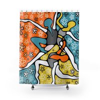 Unusual original mid-century modern dancers with a hippie floral background in muted blue, orange and yellow shower curtain