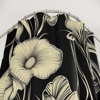 Black & cream floral shower curtain, Bold retro flowers, Art Nouveau bathroom decor, Elegant bath mat optional.