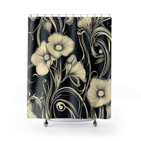 Black & cream floral shower curtain, Bold retro flowers, Art Nouveau bathroom decor, Elegant bath mat optional.