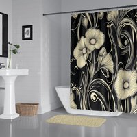 Black & cream floral shower curtain, Bold retro flowers, Art Nouveau bathroom decor, Elegant bath mat optional.