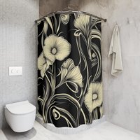 Black & cream floral shower curtain, Bold retro flowers, Art Nouveau bathroom decor, Elegant bath mat optional.