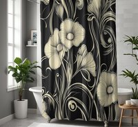 Black & cream floral shower curtain, Bold retro flowers, Art Nouveau bathroom decor, Elegant bath mat optional.