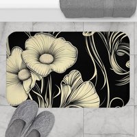Black & cream floral shower curtain, Bold retro flowers, Art Nouveau bathroom decor, Elegant bath mat optional.