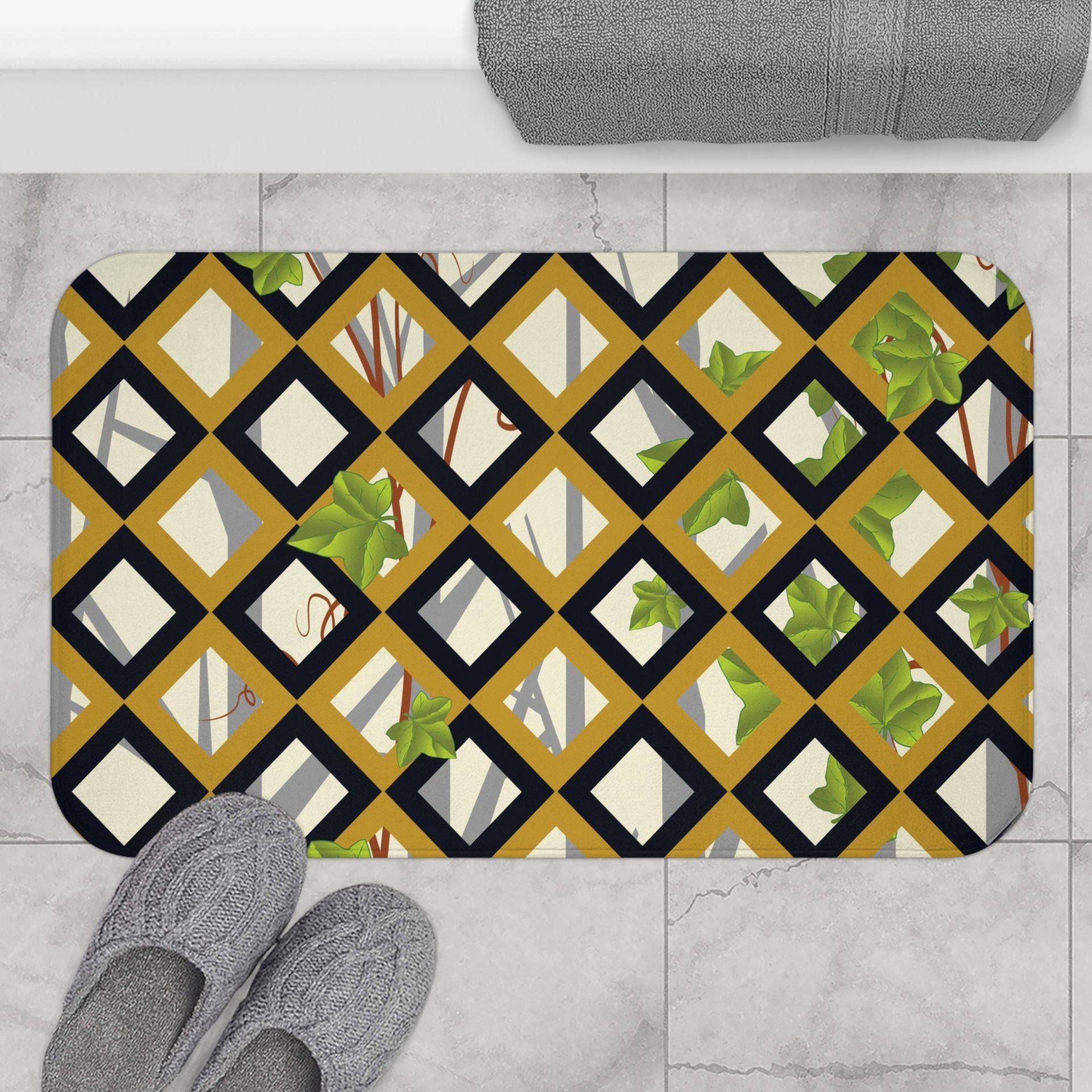 Country Garden Geometric Shower Curtain, Bath Mat