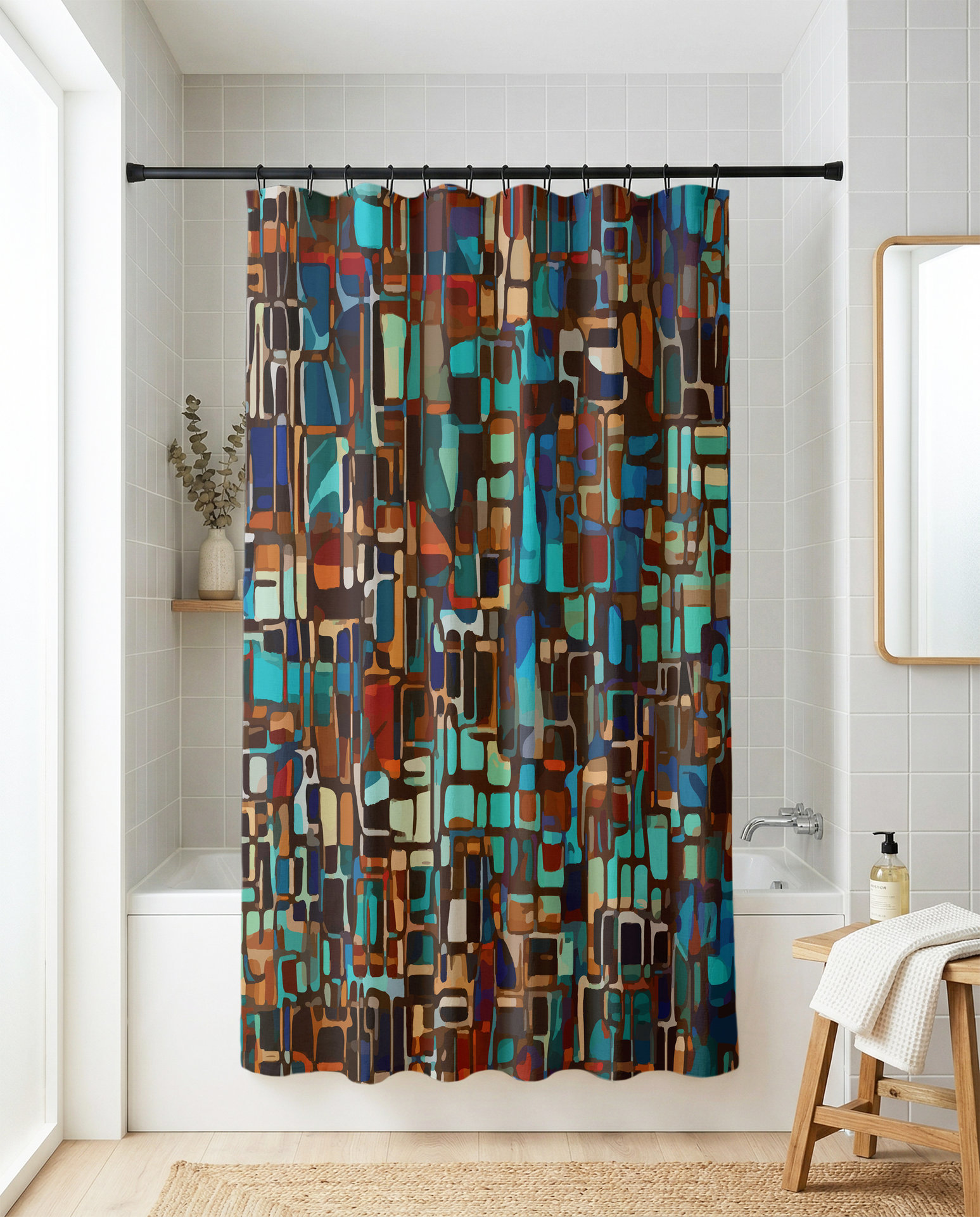 Multicolor Abstract  Geometric Shower Curtain, Bath Mat