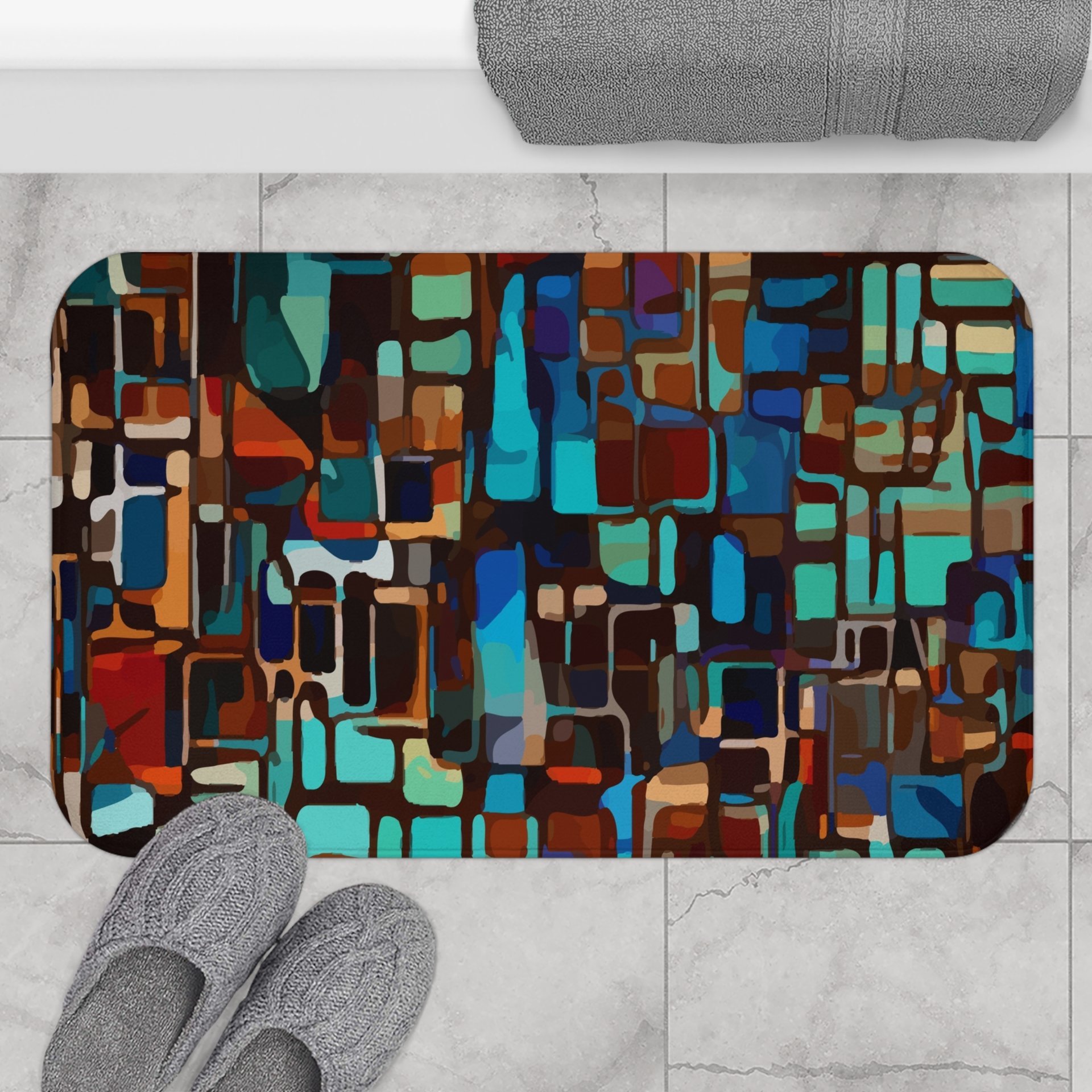 Multicolor Abstract  Geometric Shower Curtain, Bath Mat