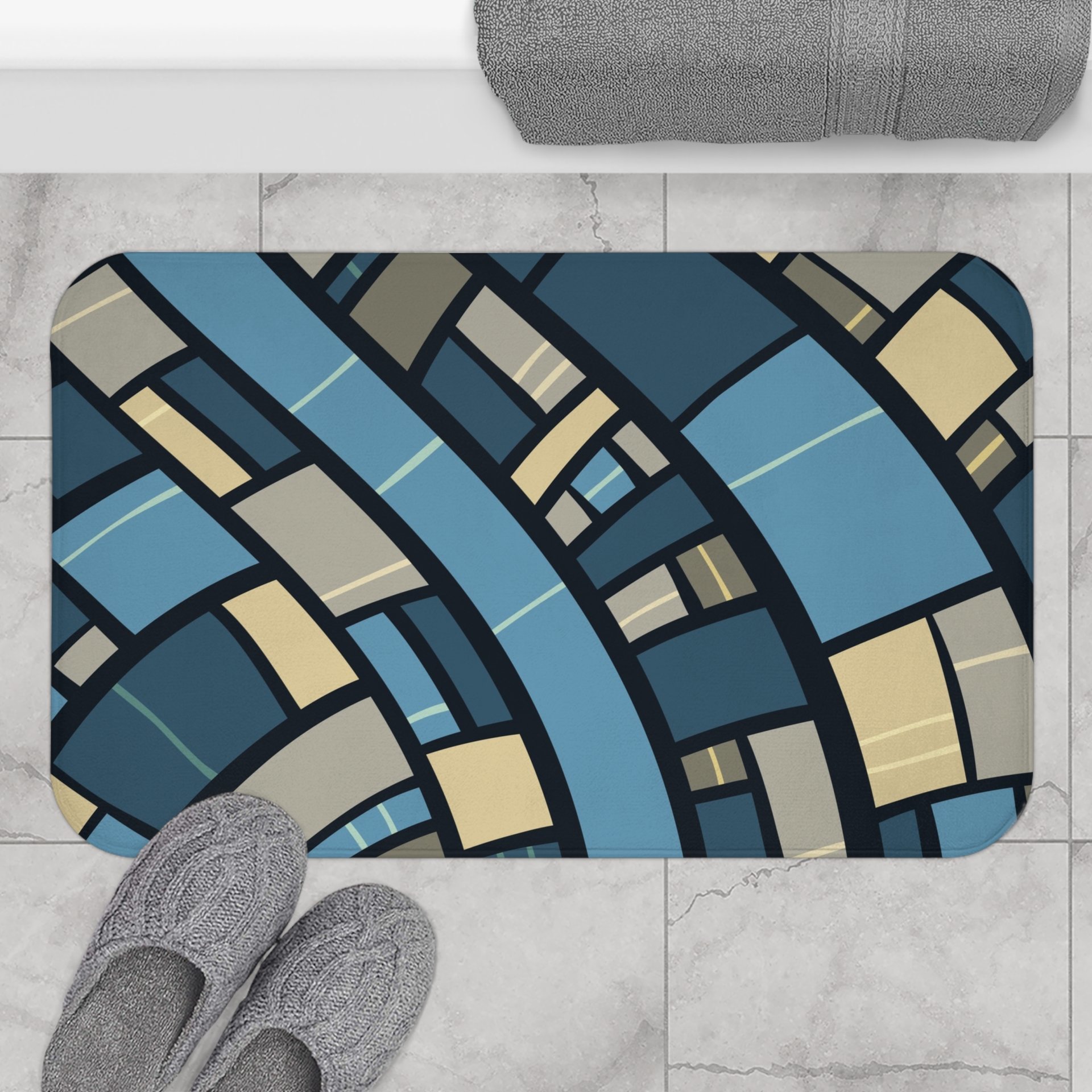 Abstract Geometric Large bath mat, Blue, Gray and Sand