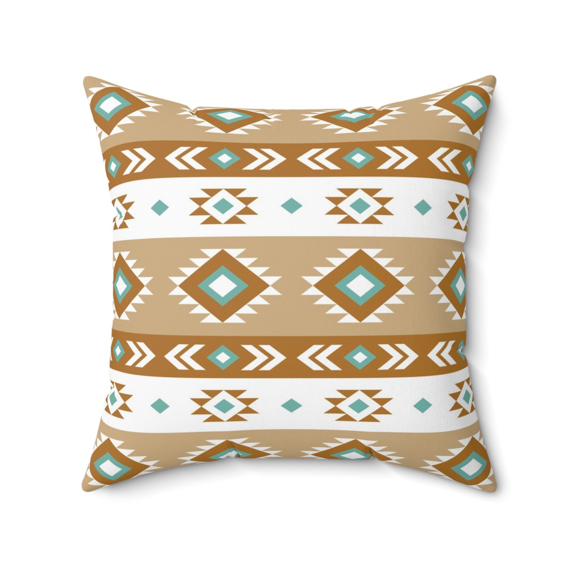 Geometric art in white, light teal, tan, and brown. Each side has a different Aztec design using the same color palette.