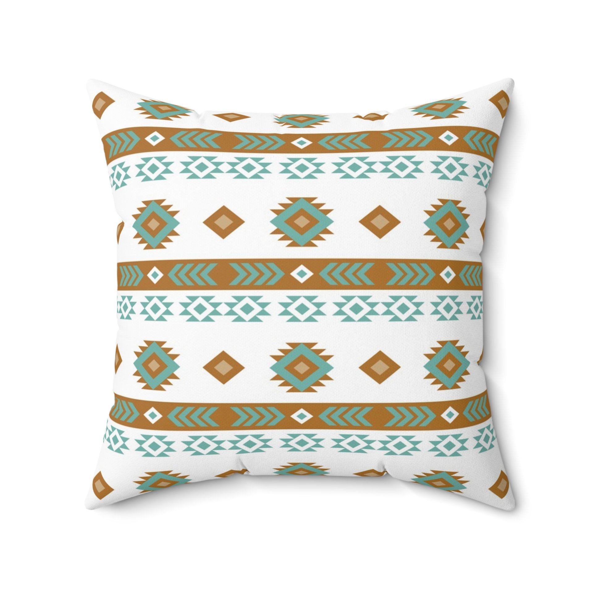 Geometric art in white, light teal, tan, and brown. Each side has a different Aztec design using the same color palette.