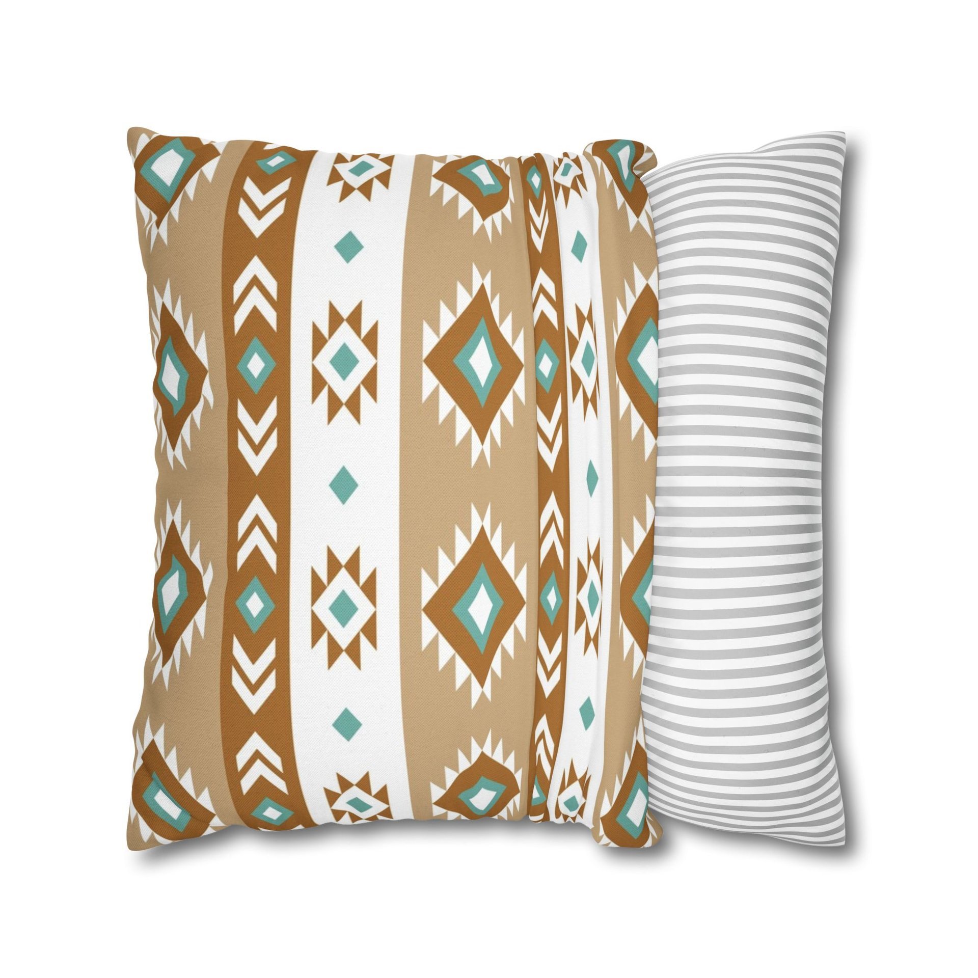 Pillowcase with tribal art in white, light teal, tan, and brown. Each side has a different Aztec design using the same color palette.