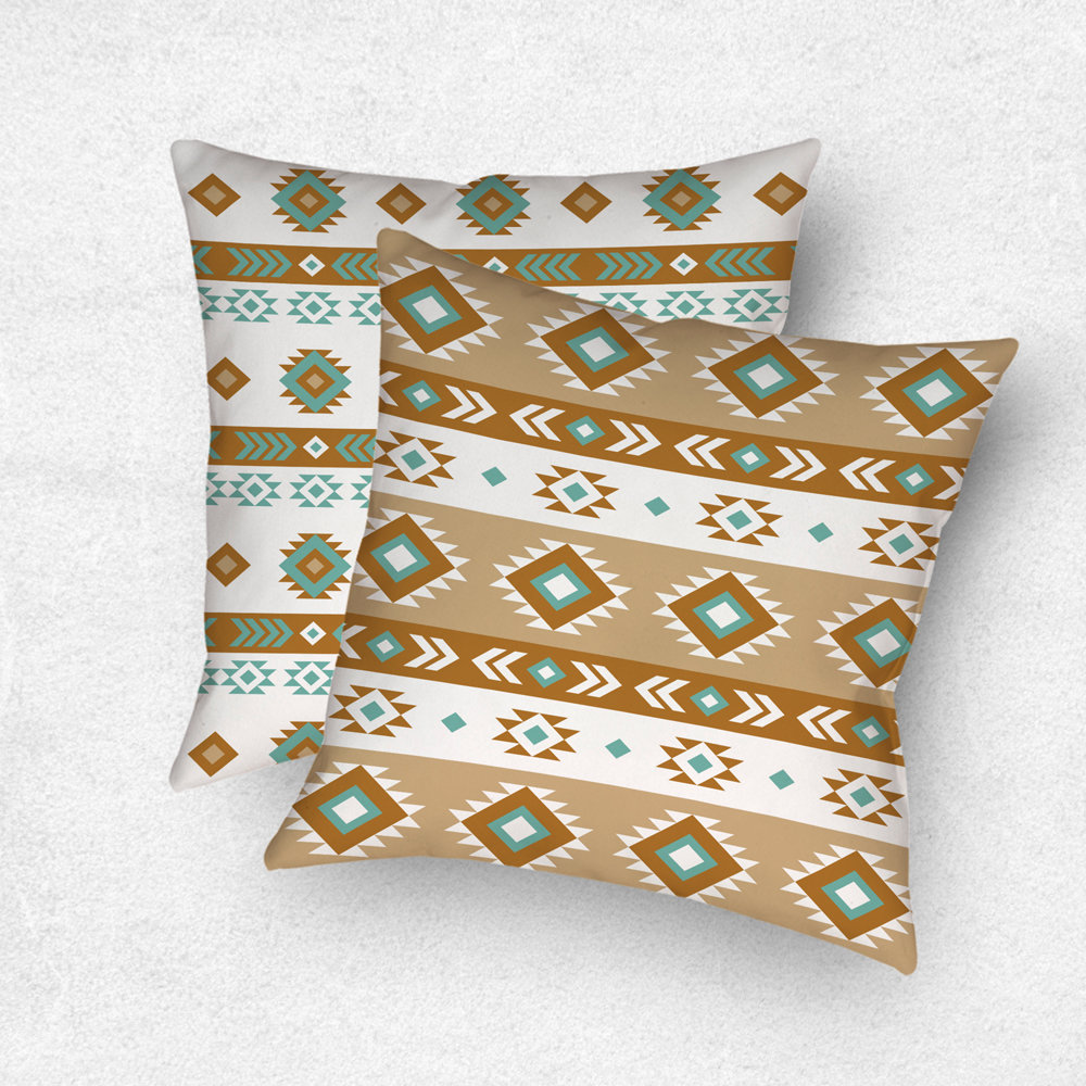 Geometric art in white, light teal, tan, and brown. Each side has a different Aztec design using the same color palette.