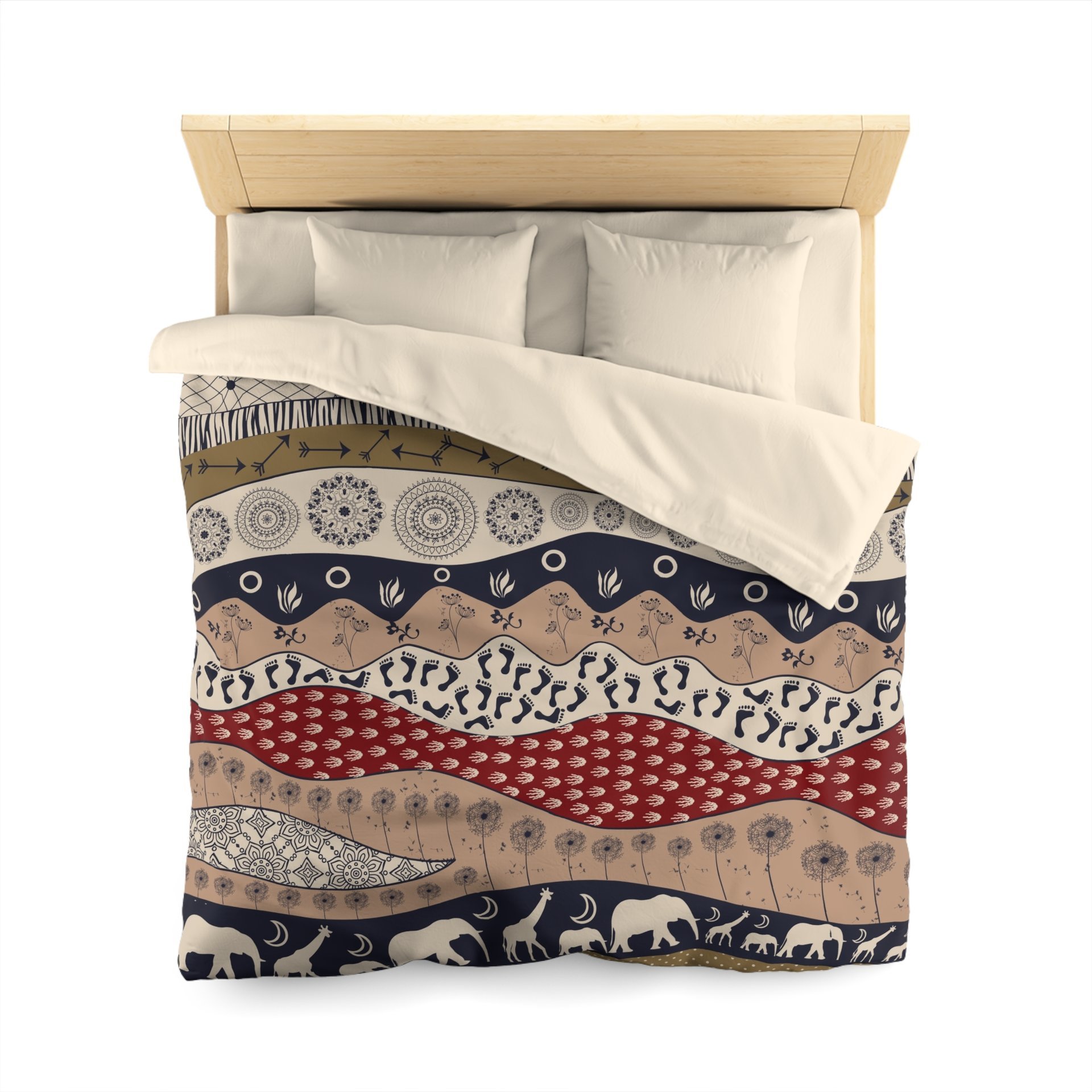 Queen duvet cover. Naive African elephants and giraffes artwork with primitive floral motifs in maroon, navy blue and earth tones.