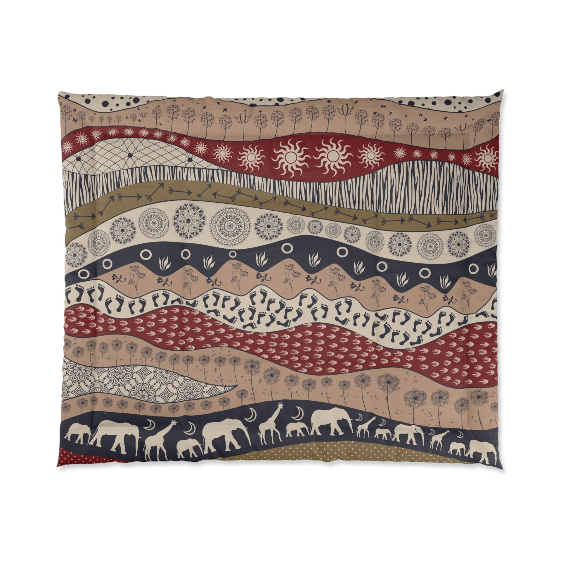 King comforter. Naive African elephants and giraffes artwork with primitive floral motifs in maroon, navy blue and earth tones.