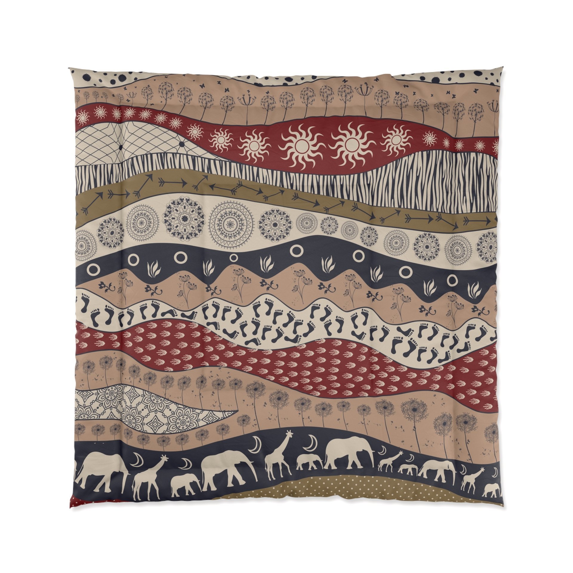 Queen comforter. Naive African elephants and giraffes artwork with primitive floral motifs in maroon, navy blue and earth tones.