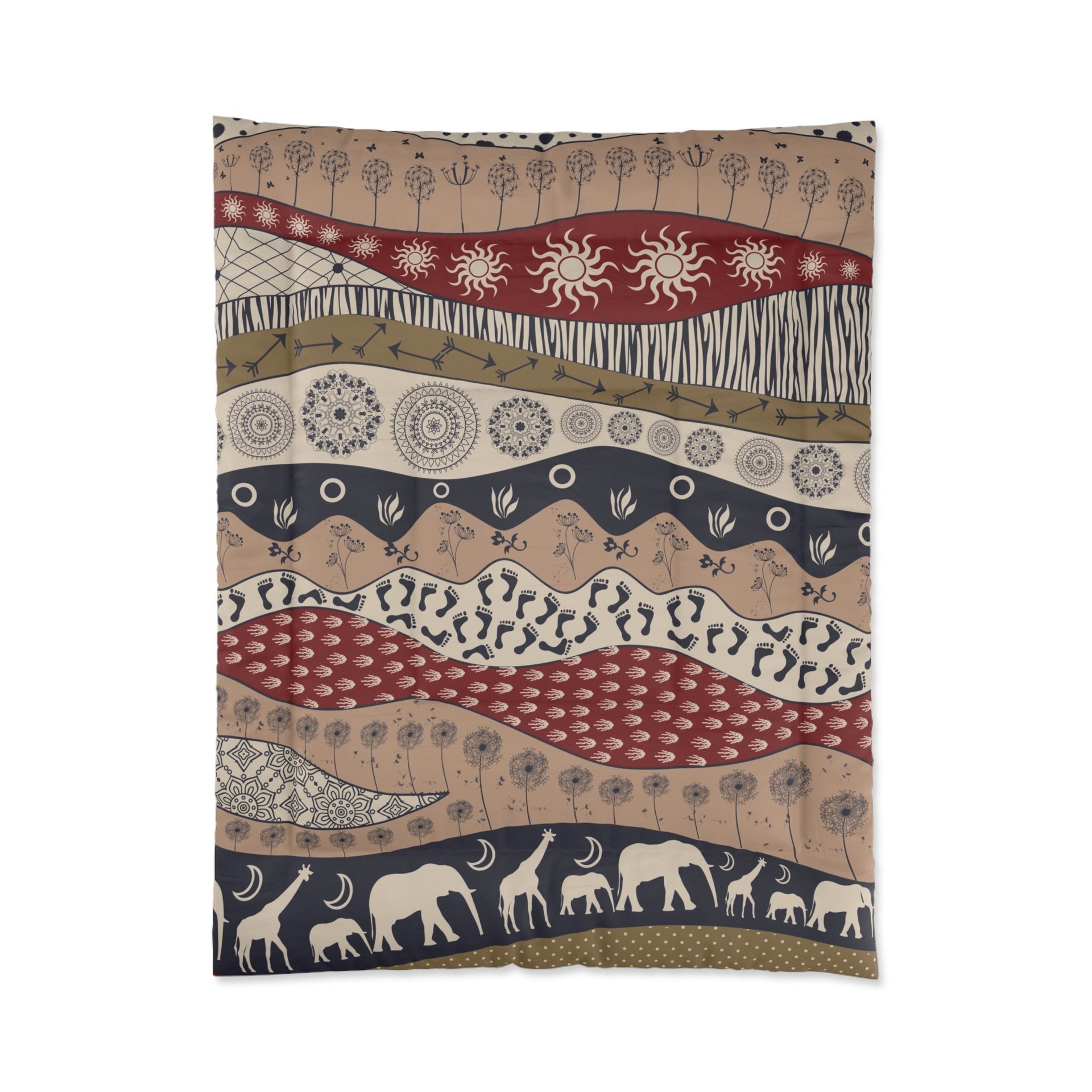 Twin comforter. Naive African elephants and giraffes artwork with primitive floral motifs in maroon, navy blue and earth tones.