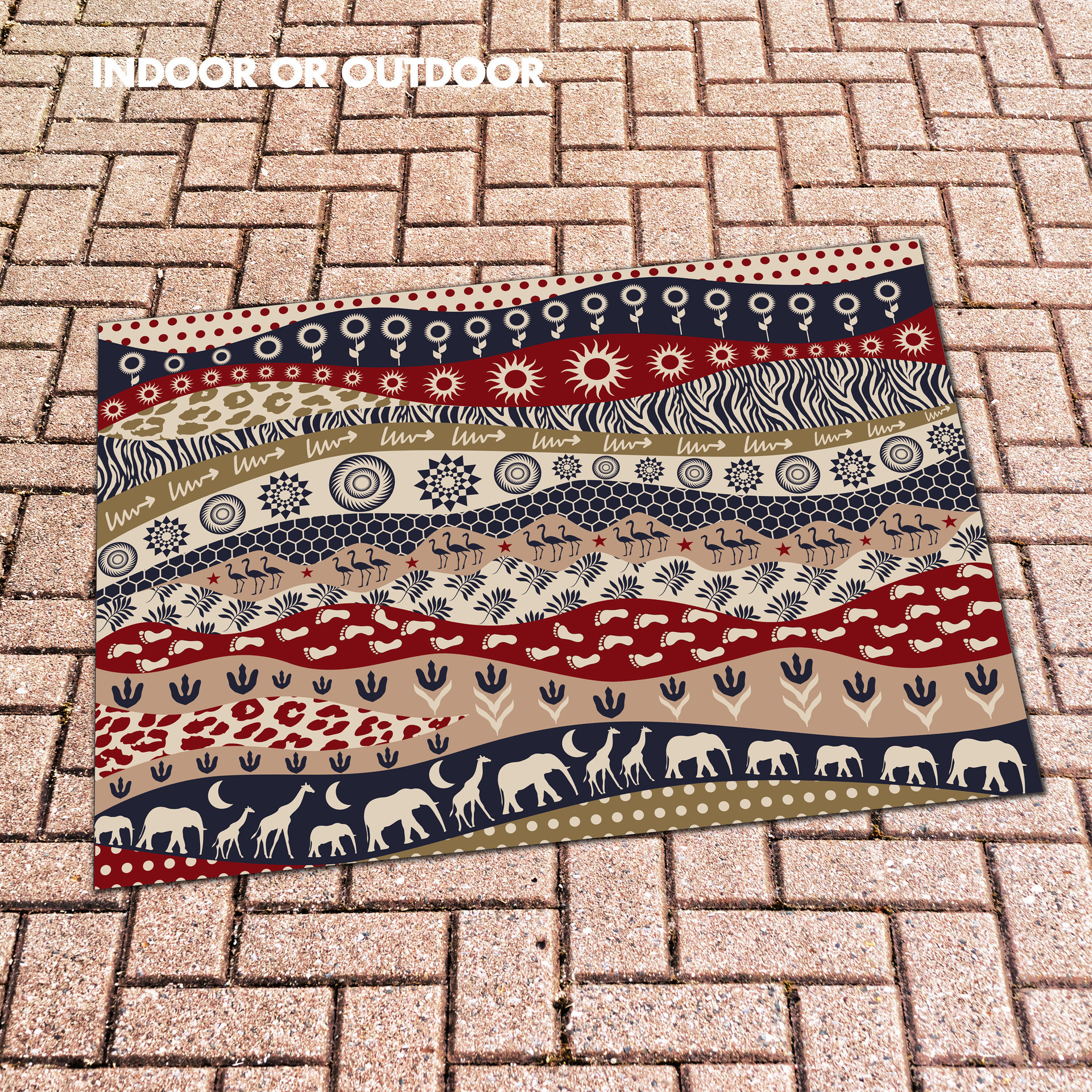 African rug depicting a wavy landscape design with elephants, giraffes, flamingos, leopard spots and zebra stripes. 