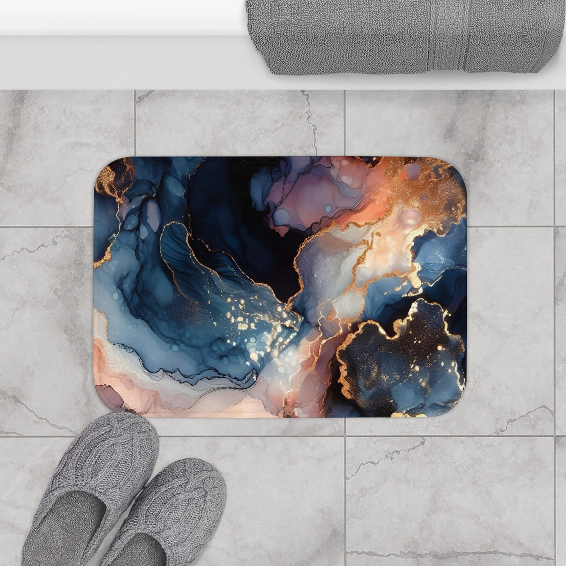 Navy Blue Abstract Art Shower Curtain, Bath Mat