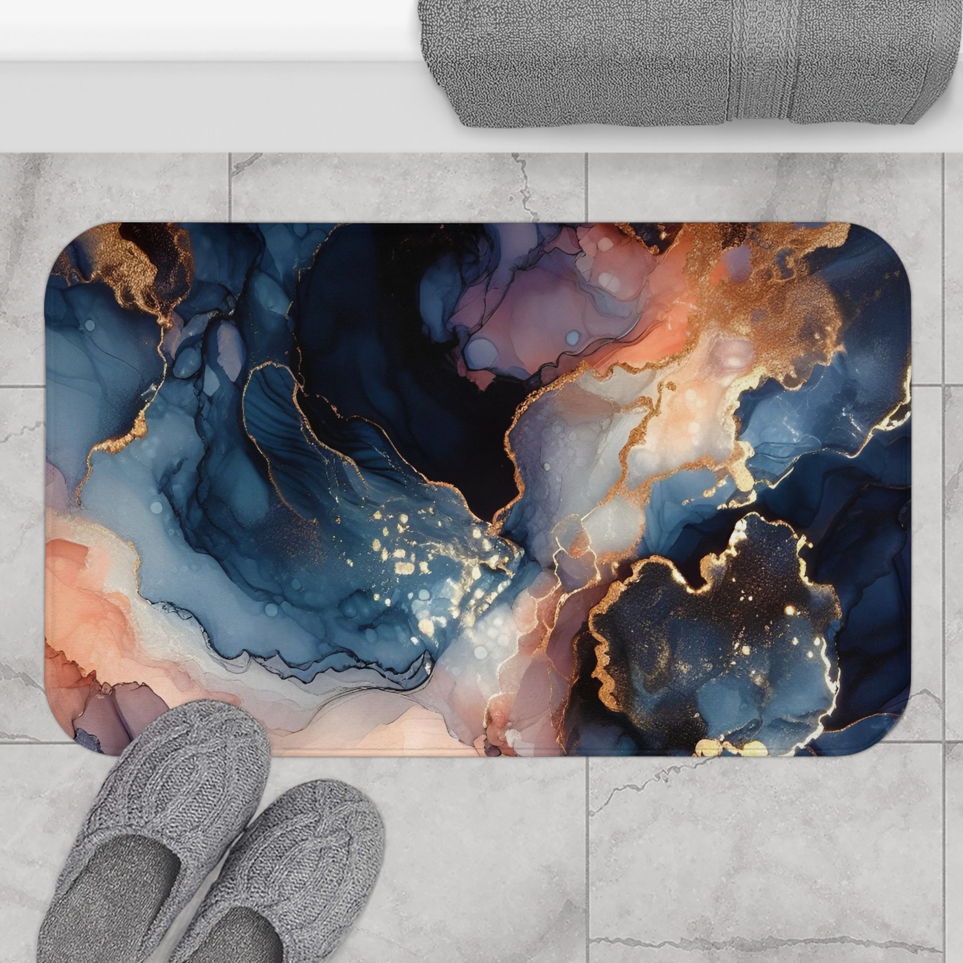 Navy Blue Abstract Art Shower Curtain, Bath Mat