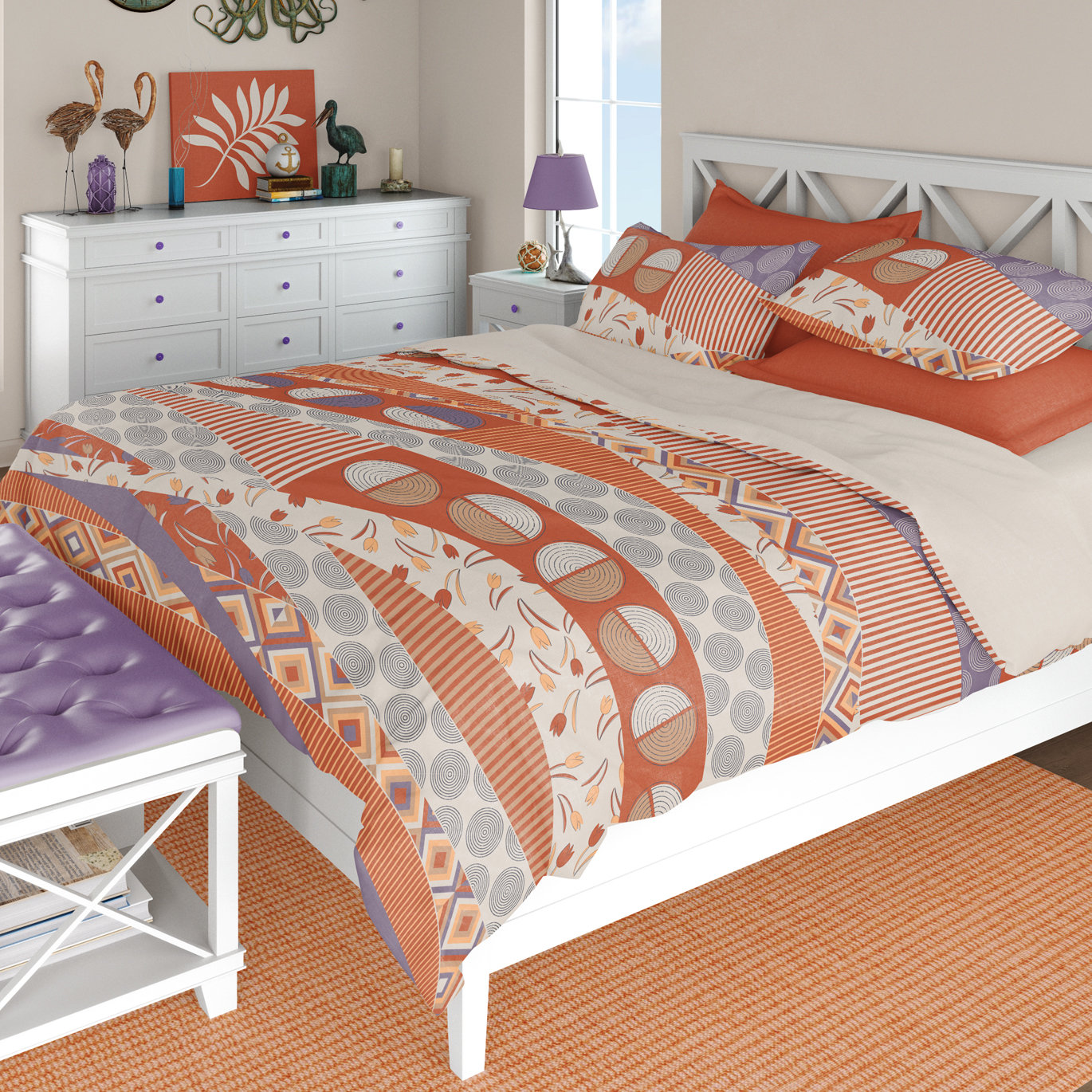 Terracotta and Lavender Abstract Geometric Window Curtains matching bedding