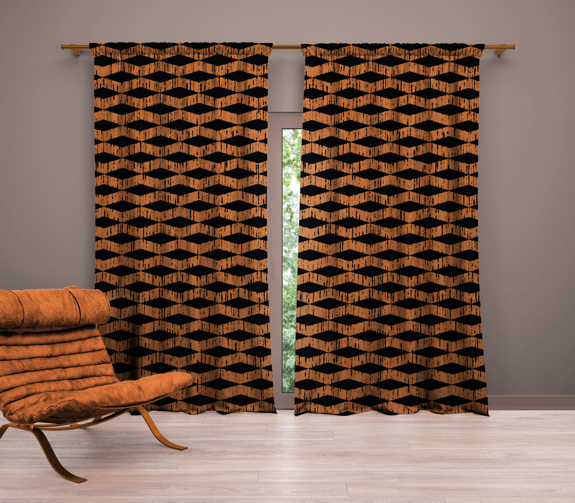Black & Copper Rustic Boho Window Curtains, Rod Pocket Panels