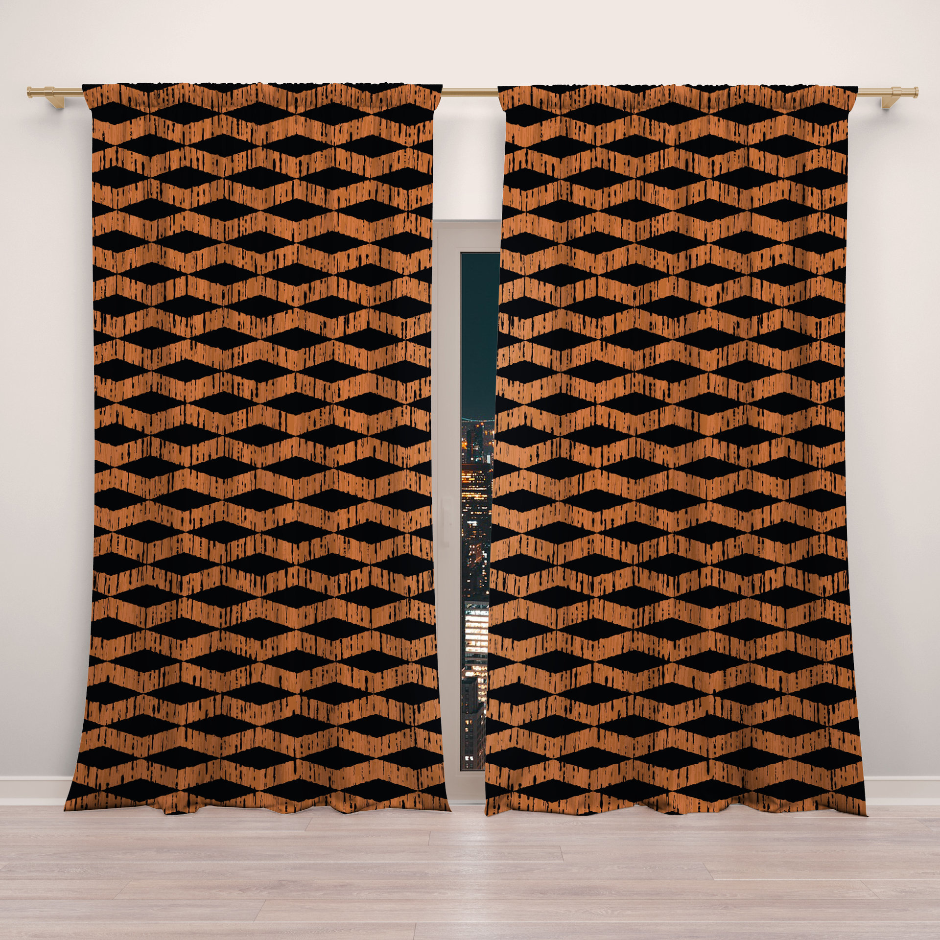 Black & Copper Rustic Boho Window Curtains, Rod Pocket Panels