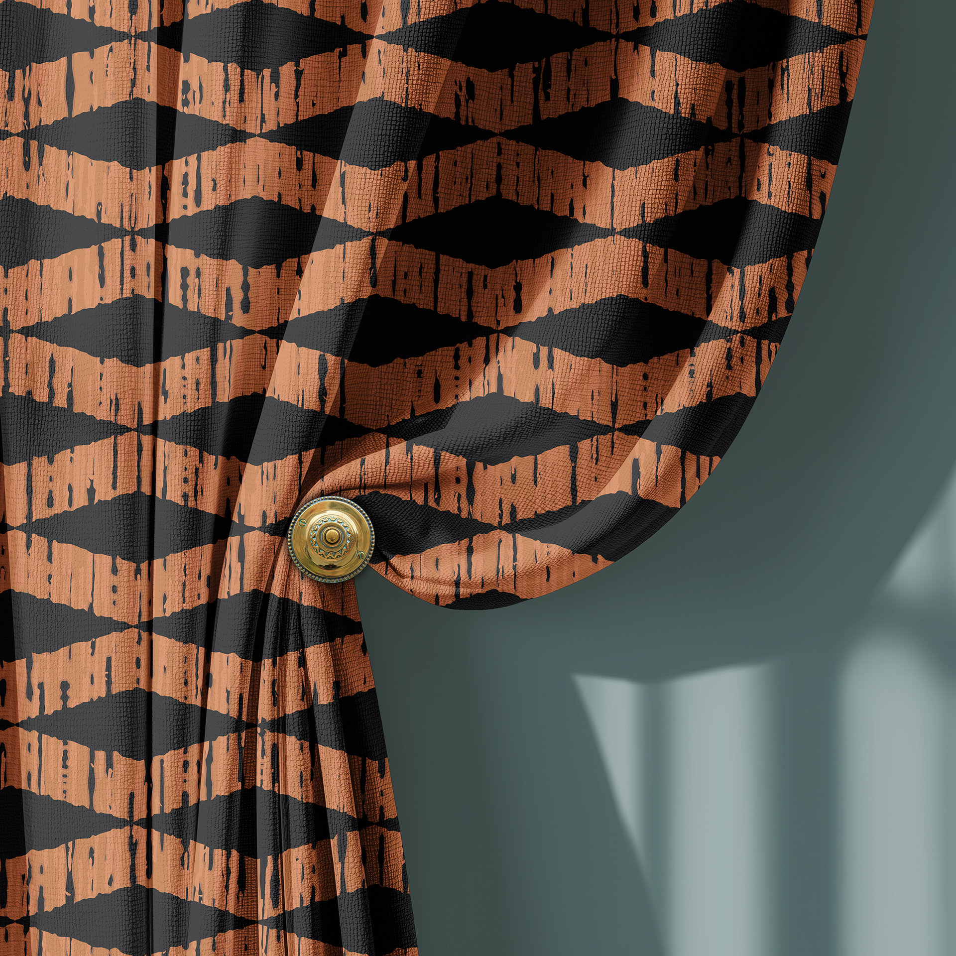 Black & Copper Rustic Boho Window Curtains, Rod Pocket Panels