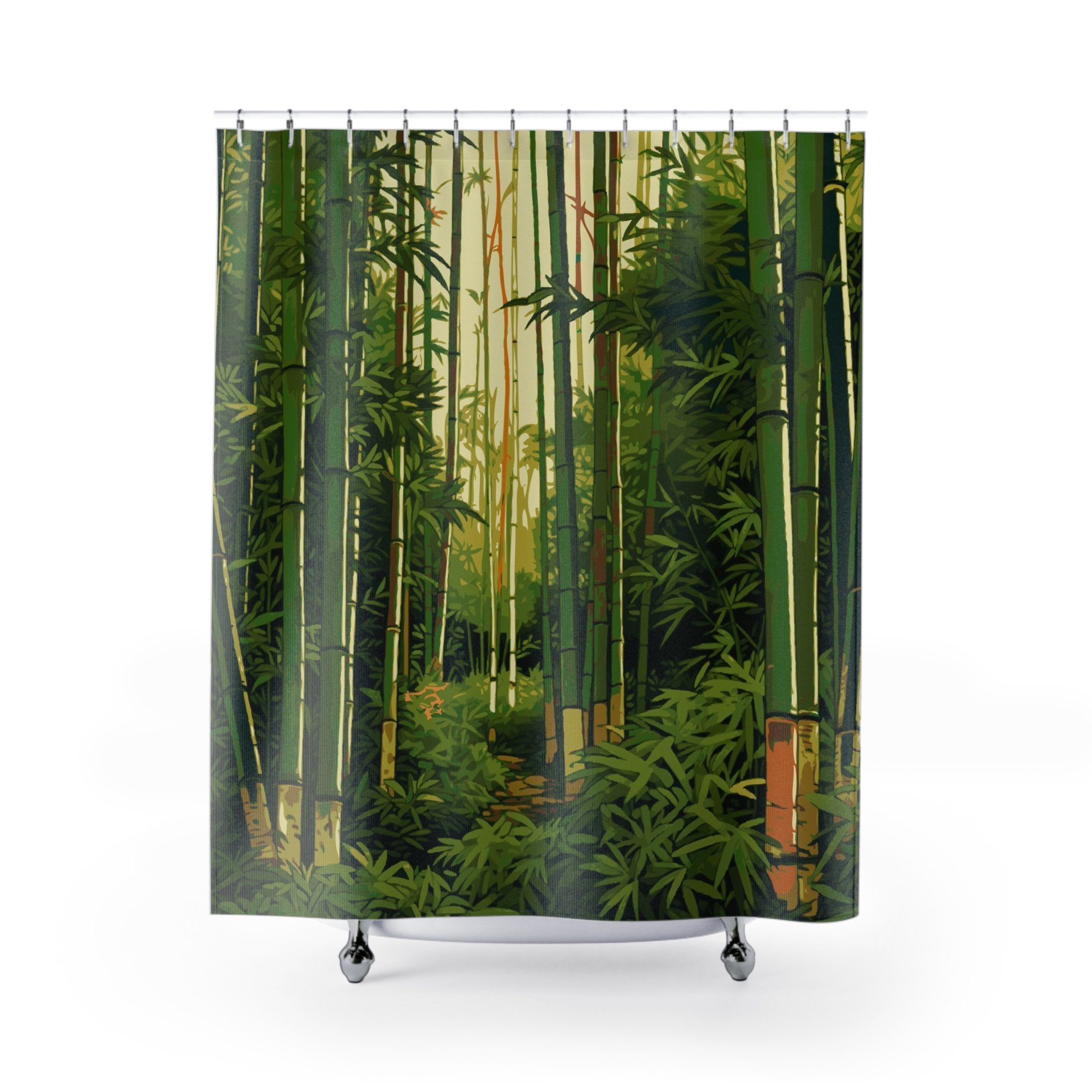 Leaf green bamboo trees in a tropical rain forest with a pale yellow cream sky printed on a fabric shower curtain.