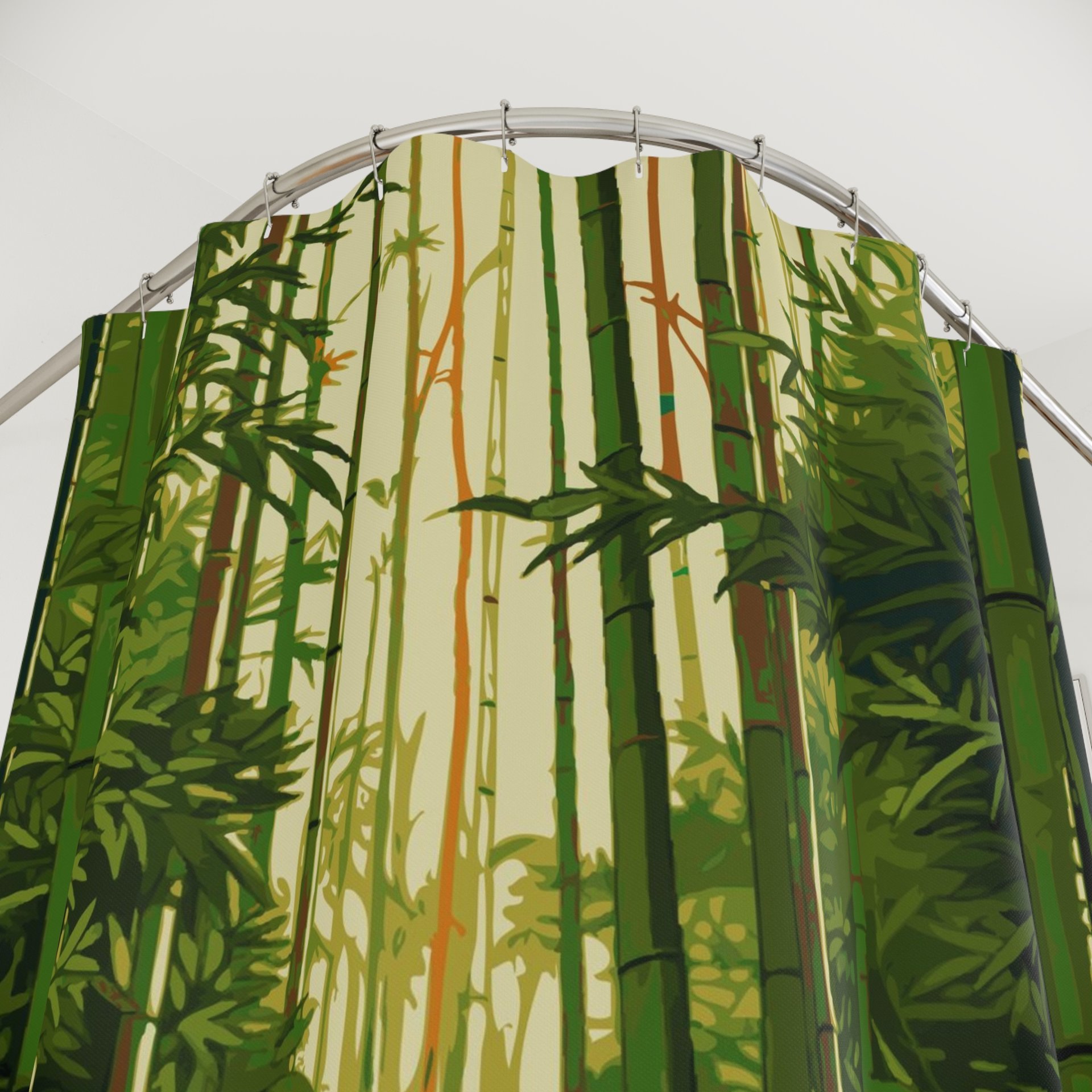 Leaf green bamboo trees in a tropical rain forest with a pale yellow cream sky printed on a fabric shower curtain close up view.
