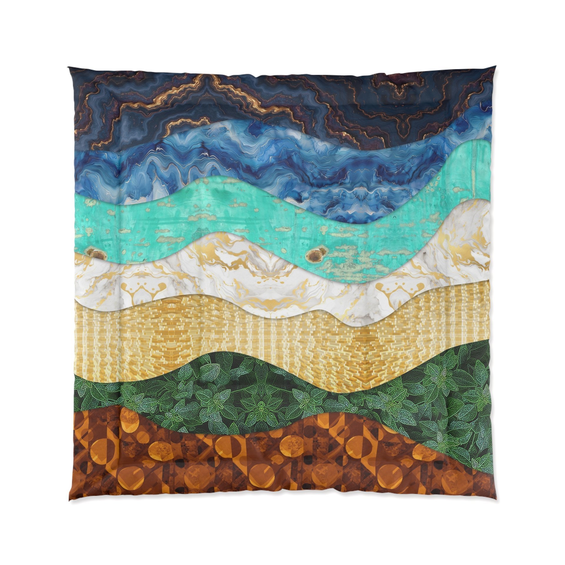 The queen comforter features a layered, wavy design resembling the view out to sea from the beach edge.