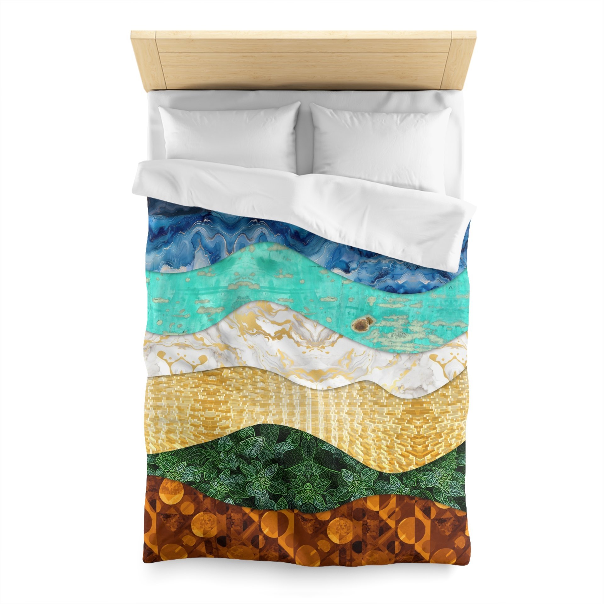 The twin duvet cover features a layered, wavy design resembling the view out to sea from the beach edge.