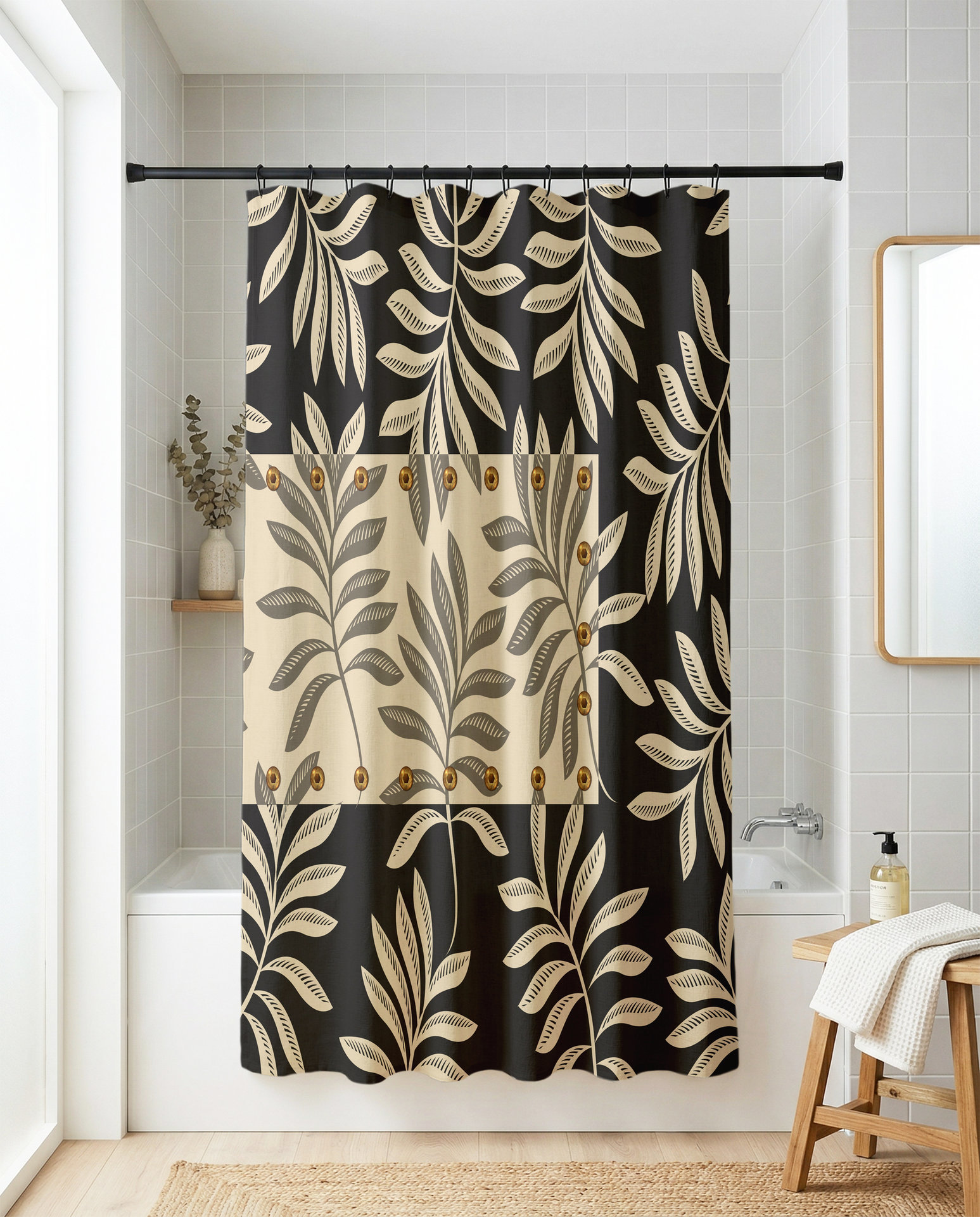 Neutral Leaf Pattern Shower Curtain - Industrial Style