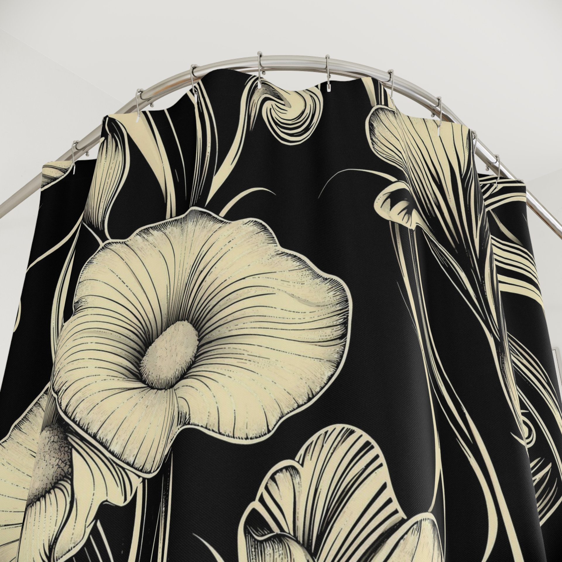 Black & Cream Floral Art Nouveau Shower Curtain showing button hole top.