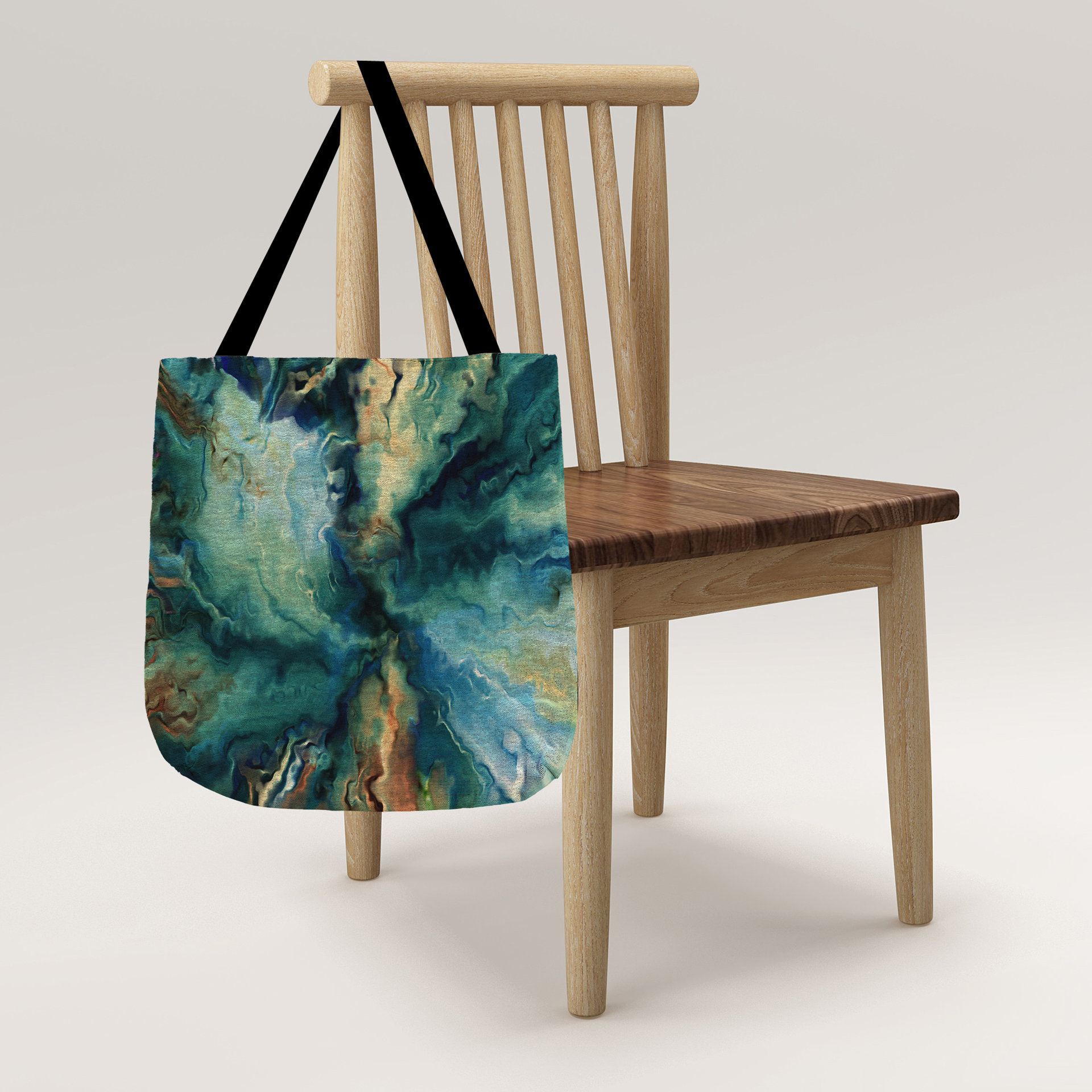Blue Abstract Tapestry Bag, Fluid Art Woven Tote hanging on a chair
